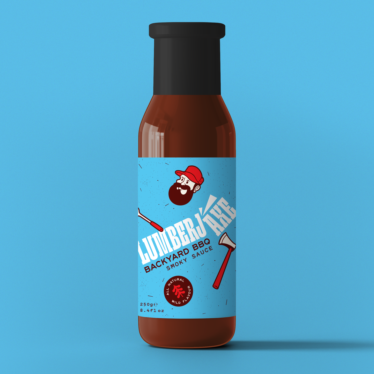 A single bottle of 'Lumberjaxe Backyard BBQ Smoky Sauce' displayed against a solid blue background. The bottle has a black cap and a blue label featuring a bearded lumberjack character wearing a red hat. The design includes illustrations of two axes crossed diagonally. The label highlights the sauce’s natural and wild flavors with a rustic, bold aesthetic. The weight is marked as 250g (8.4 fl oz).