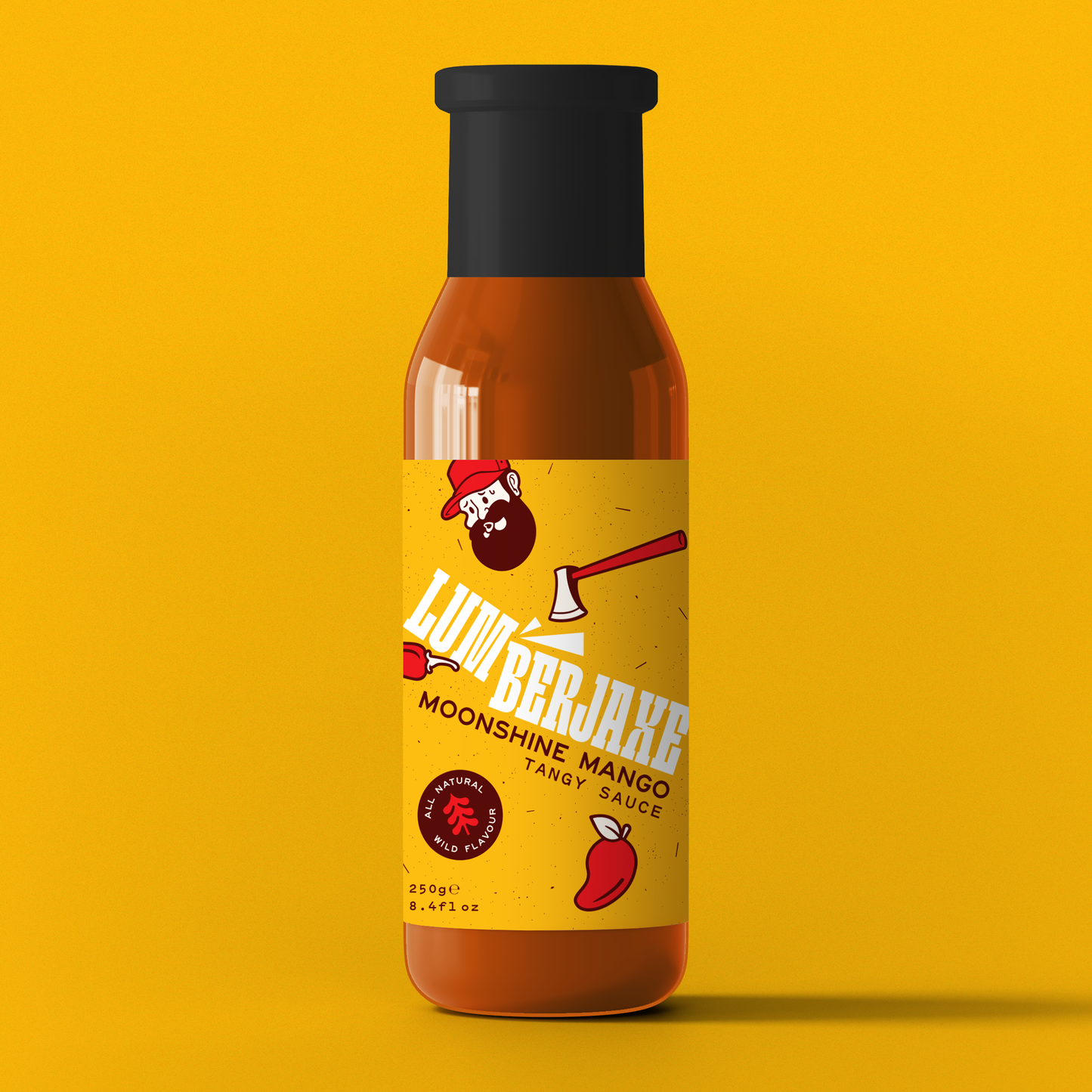 A single bottle of 'Lumberjaxe Moonshine Mango Tangy Sauce' displayed against a solid yellow background. The bottle has a black cap and a yellow label featuring a bearded lumberjack character wearing a red hat, along with an illustration of an axe and a chili pepper. The label emphasizes the sauce’s natural and wild flavors, with a weight of 250g (8.4 fl oz).